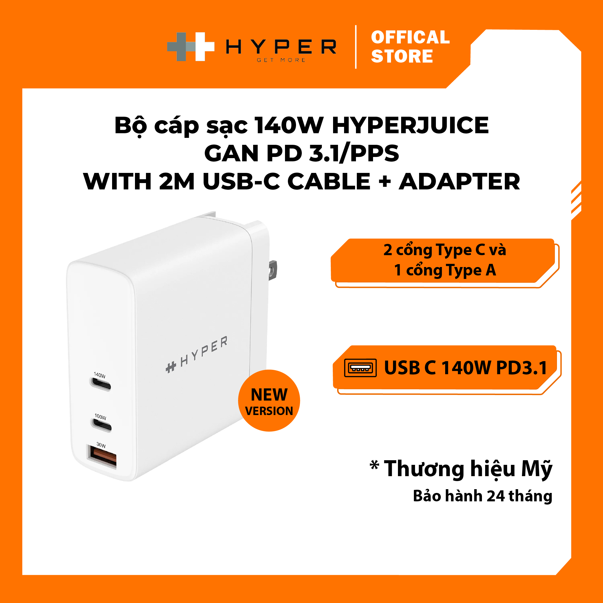 BỘ SẠC CÁP 140W HYPERJUICE VỚI CÁP SẠC NHANH TYPE C HÀNG CHÍNH HÃNG