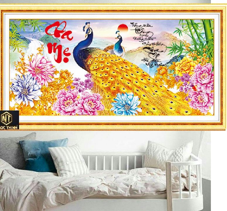 Tranh đính đá cha mẹ chim công hoa mẫu đơn VS058 - 90 x 45 cm - chưa đính