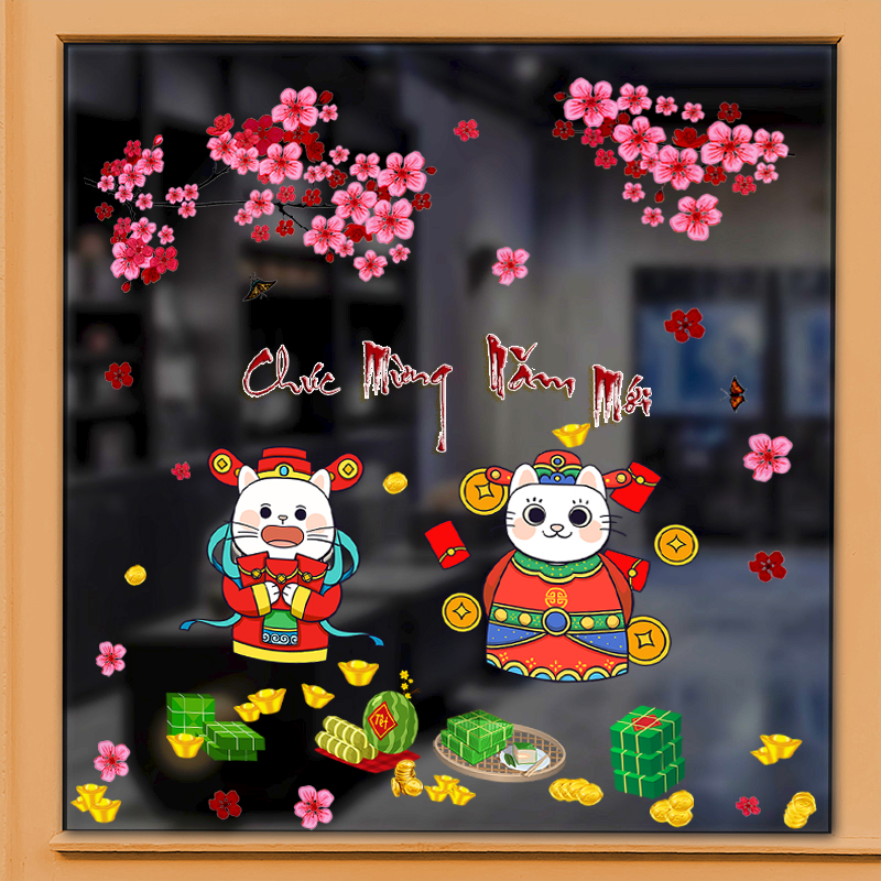 Decal dán tường, dán kính-trang trí TẾT 2023- Mèo may mắn cành đào hồng