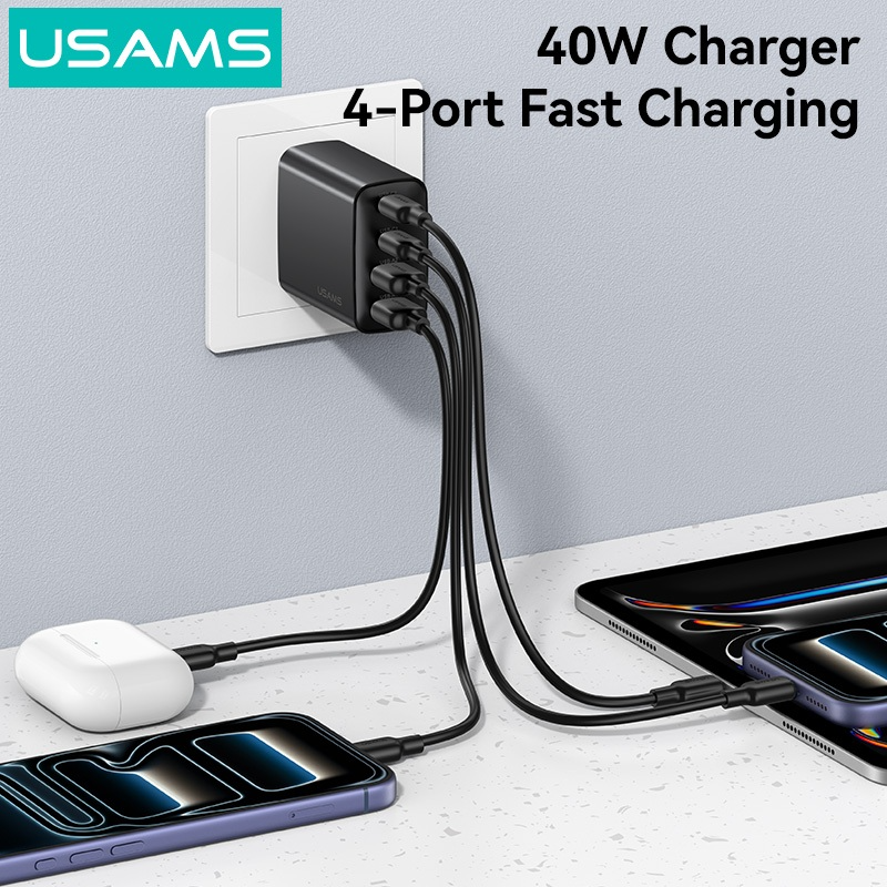 Củ Sạc Nhanh USAMS 4 Cổng CC331/CC330 40W (2*Type-C + 2*USB-A port) - Hàng Chính Hãng