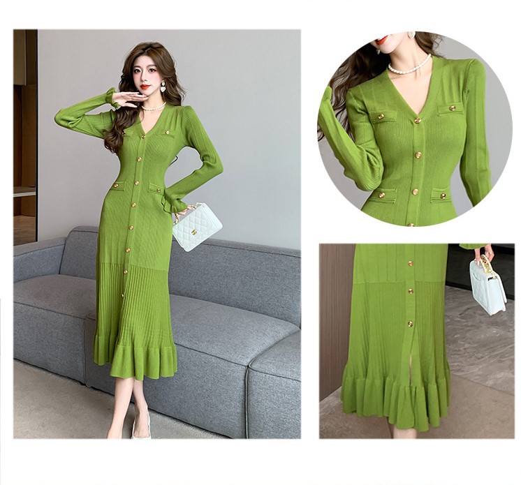Đầm Xòe Dệt Kim Đuôi Cá Dài Tay Cổ Chữ V Cho Nữ AL25 - Hàng Quảng Châu Cao Cấp