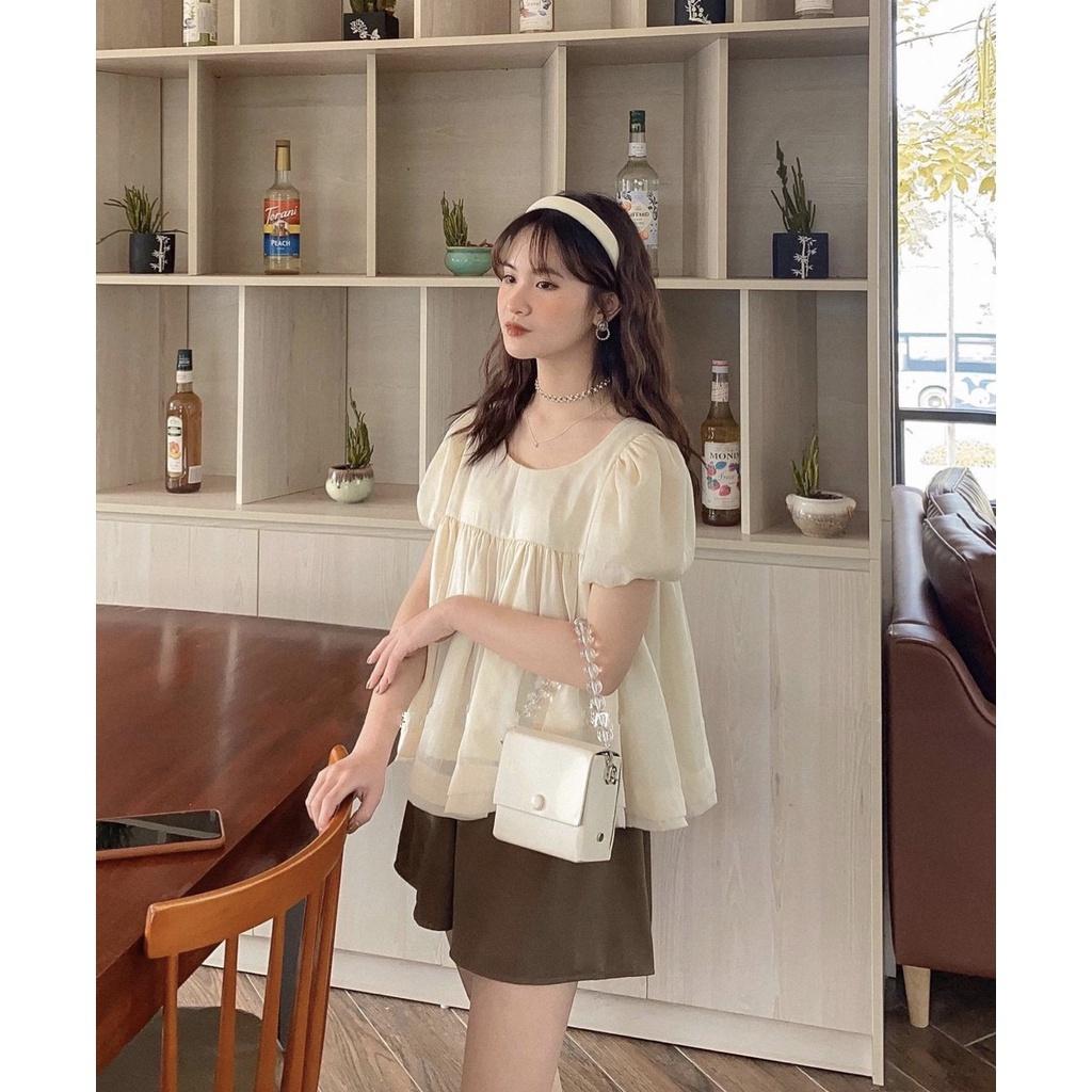 Áo babydoll, set đồ nữ babydoll tay phồng, đồ bộ nữ kiểu thắt nơ siêu xinh kèm quần short, mặc đi chơi vintage, BO007