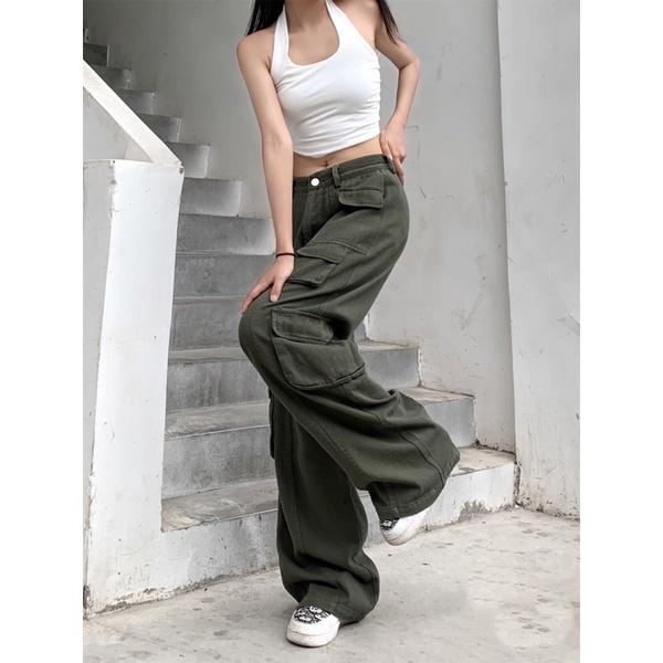 Quần kaki túi hộp Hiphop ống rộng xuông dài cargo pants trơn thời trang cho nữ/nam -hình thật