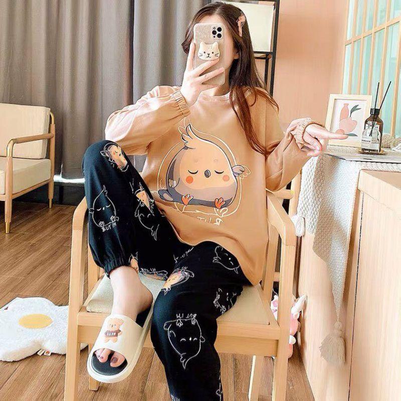 Đồ Bộ Thun Tay Dài Quảng Châu - Pijama Quần Dài - Đồ Mặc Ở Nhà Họa Tiết Hoạt Hình Dễ Thương