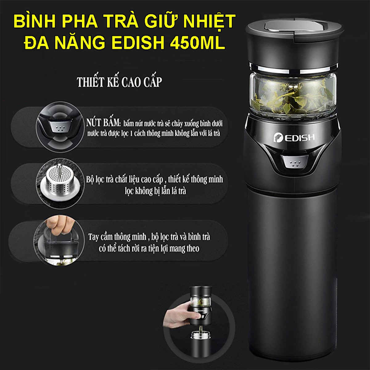 Bình Pha Trà Edish 450ML, Bình Pha Trà Kiêm Giữ Nhiệt Đa Năng EDISH Cao Cấp, Dễ Mang Đi Tiện Lợi, Hàng Nhập Khẩu CHÍNH HÃNG -SAIGON GARDEN- Bảo Hành Uy Tín