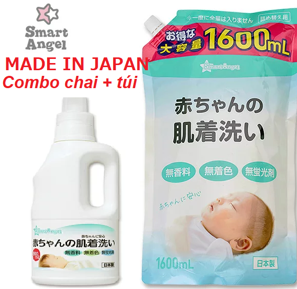 Combo Nước giặt cho bé Smart Angel Nhật Bản chai 800 ml và túi 1600 ml - An toàn tuyệt đối cho bé, Siêu tiết kiệm