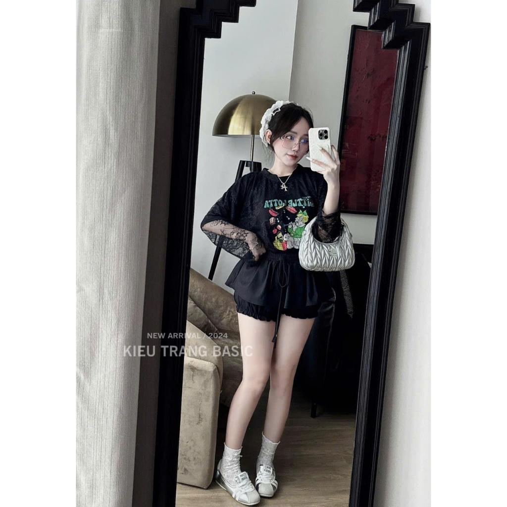 Set áo phông umi xốp pha lớp ren in hình cute phối quần chun giả váy 184 HH Bộ áo thun hoạ tiết mix quần đùi