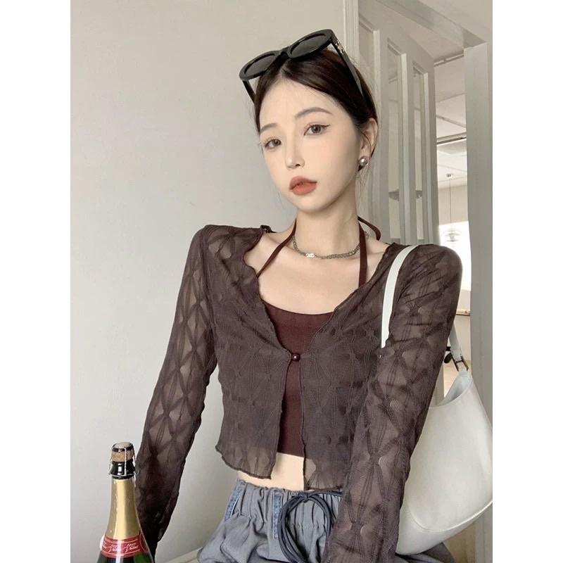 Sét áo kiểu croptop hình trám mix áo 2 dây nâu Quảng Châu