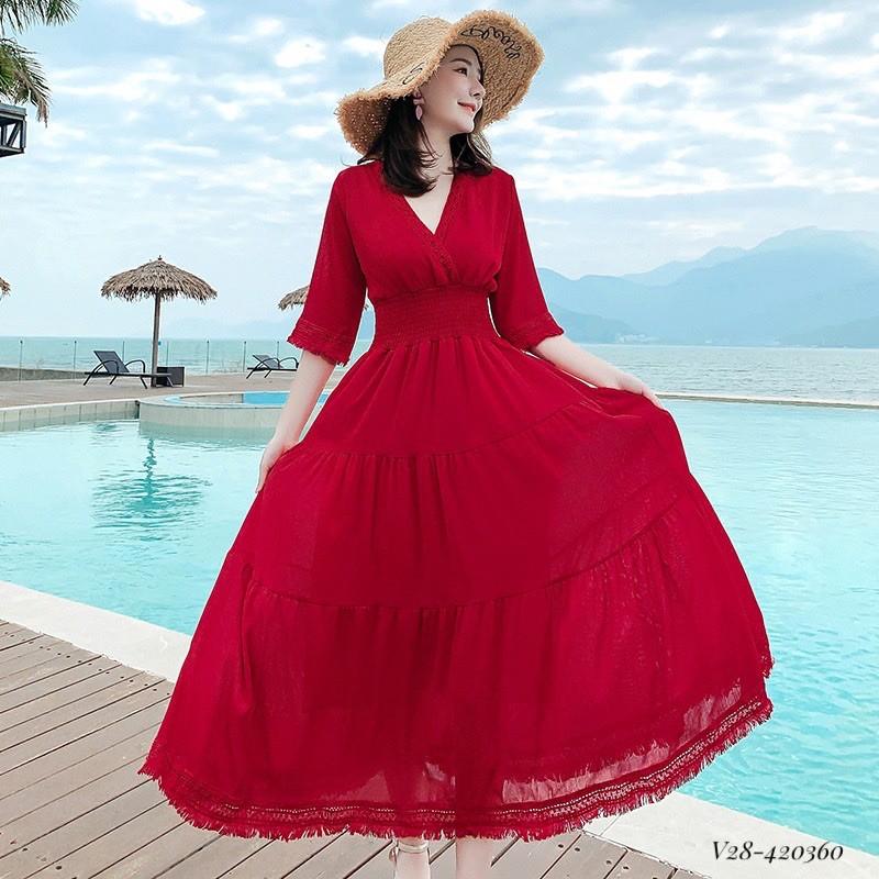 V28 váy retro đỏ cho con bú️ẢNH THẬT