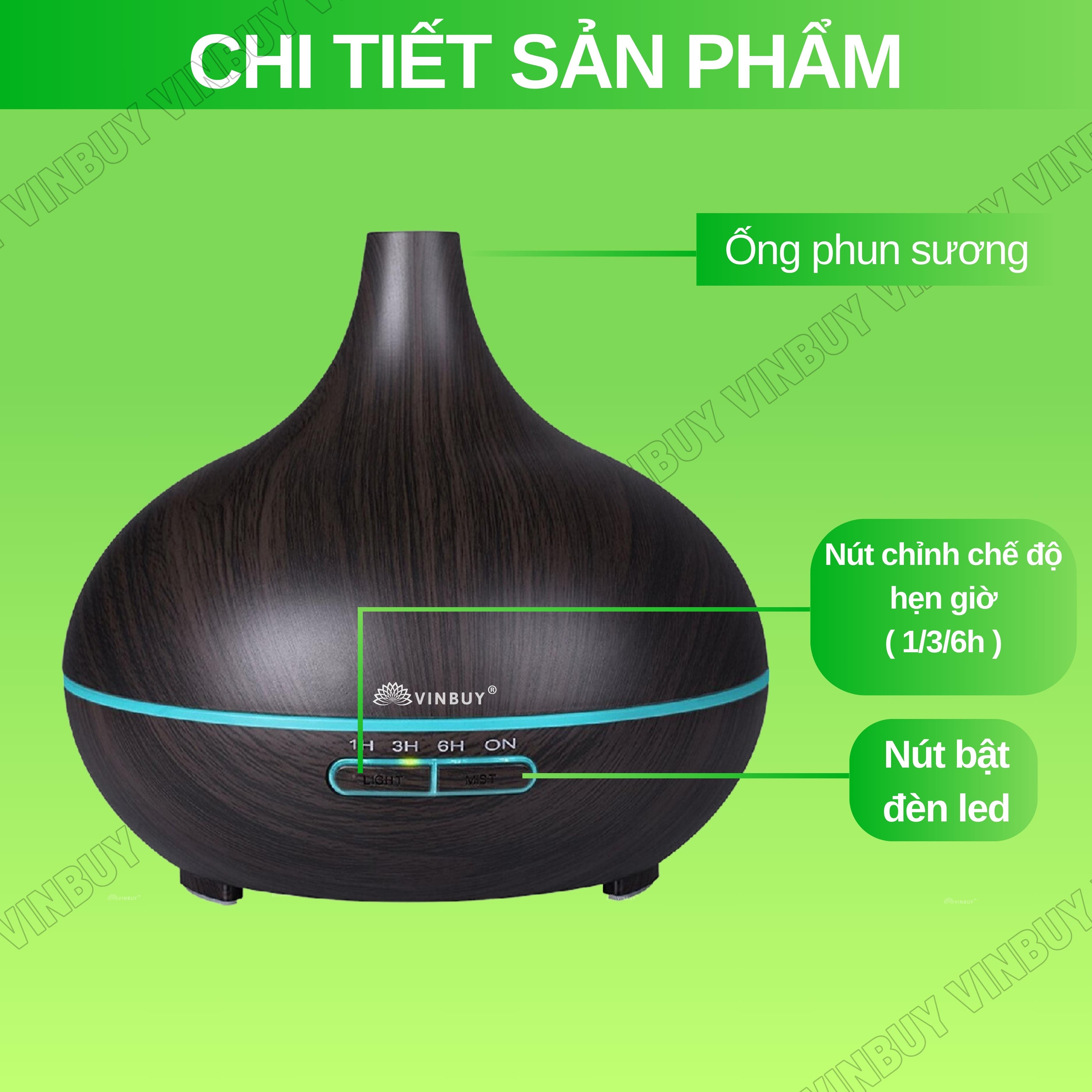 Máy xông tinh dầu VINBUY bầu tiên, máy phun sương tạo ẩm, máy xông tinh dầu phòng ngủ, spa, tự động, chuyên dụng phòng lớn led 07 màu - Hàng chính hãng