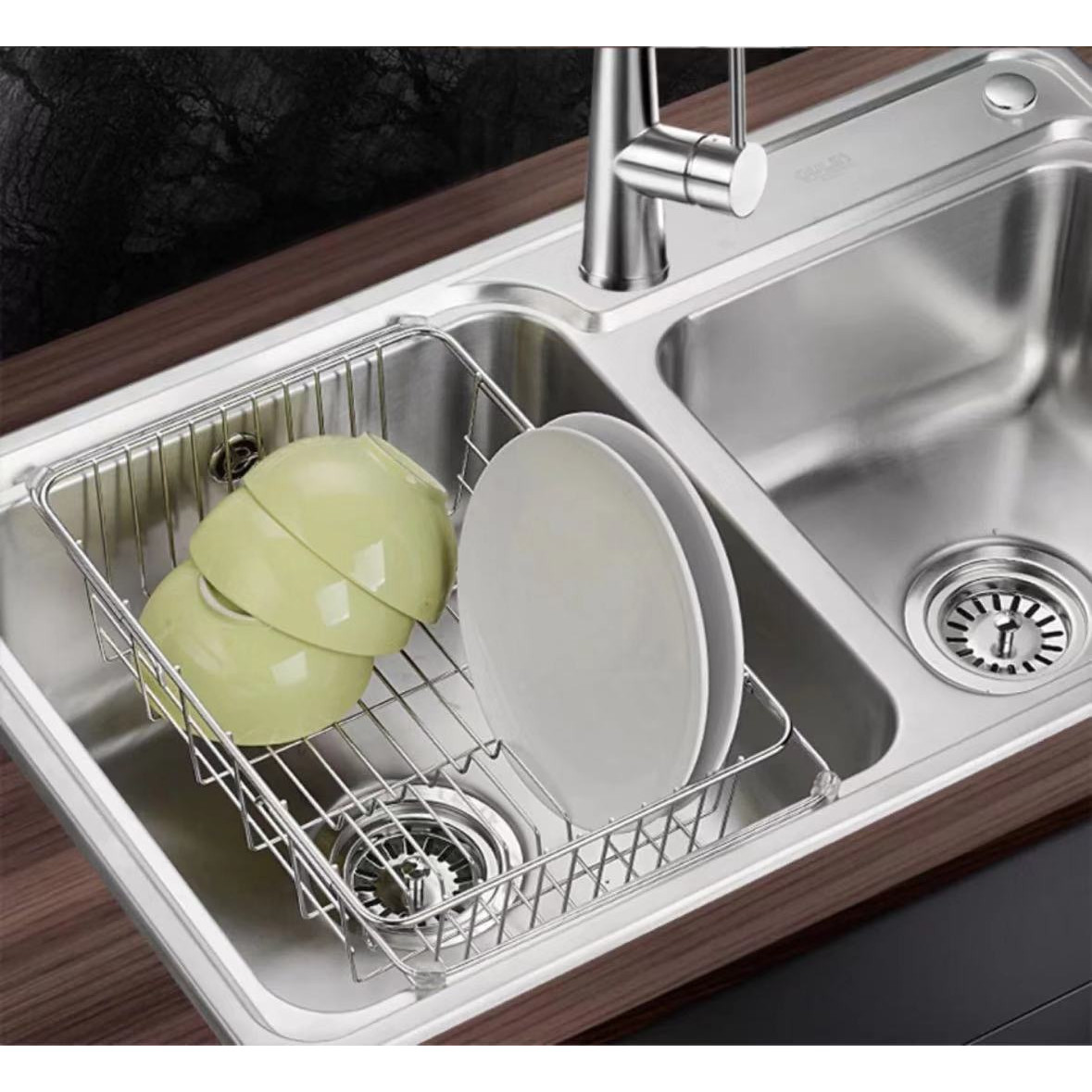 Rổ inox 304 treo bồn rửa chén-kiểu căng đơn phương