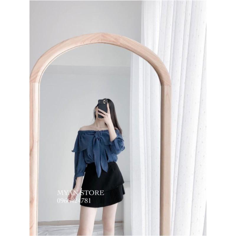 SET ÁO TRỄ VAI CỔ BÈO MIX CHÂN VÁY RẬP LI NHSET02