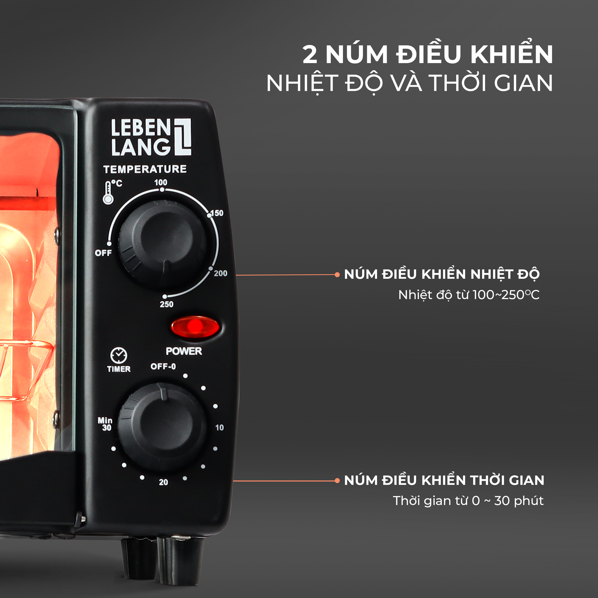 Lò nướng mini đa năng LEBENLANG, công suất 800W, dung tích 12l, LBMT8683S - hàng chính hãng
