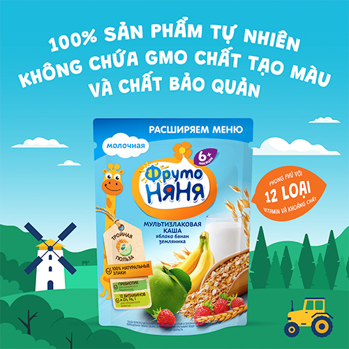 Combo 4 Gói Bột ăn dặm ngũ cốc táo chuối dâu tây Fruto Nyanya 200g