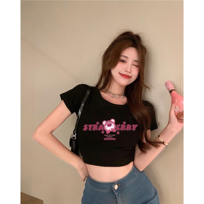 Áo croptop tay ngắn PINKSTORE29 in chữ STRAWBERRY phong cách đơn giản A5531