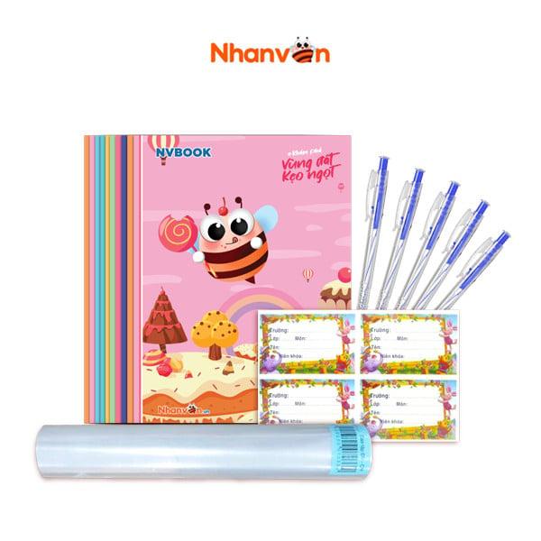 Combo Đưa Em Vào Trường - Tập Học Sinh 96 Trang - 70gsm, Bút, Bao tập, Nhãn Vở - Độc quyền Nhân Văn