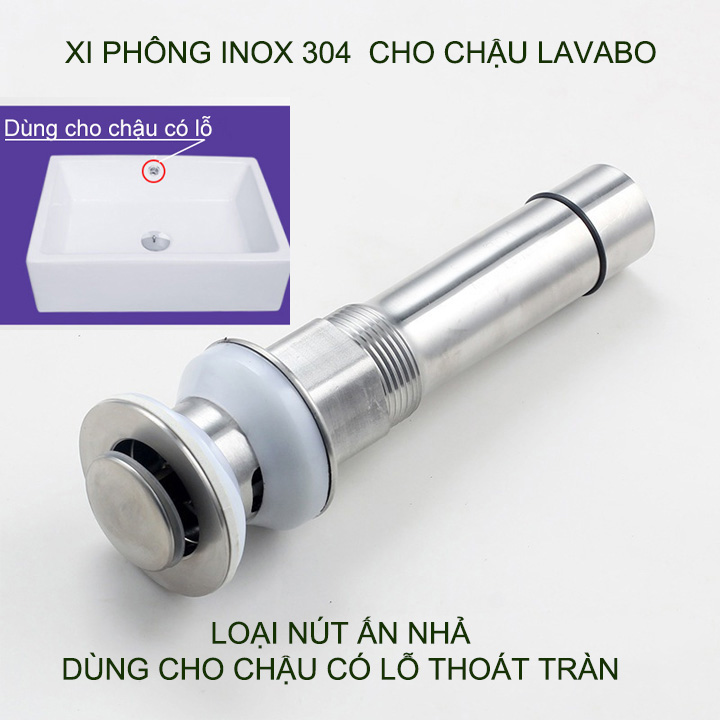 Xi phông chậu rửa mặt lavabo bằng inox 304, nút nhấn đóng xả, dùng cho chậu có lỗ thoát tràn