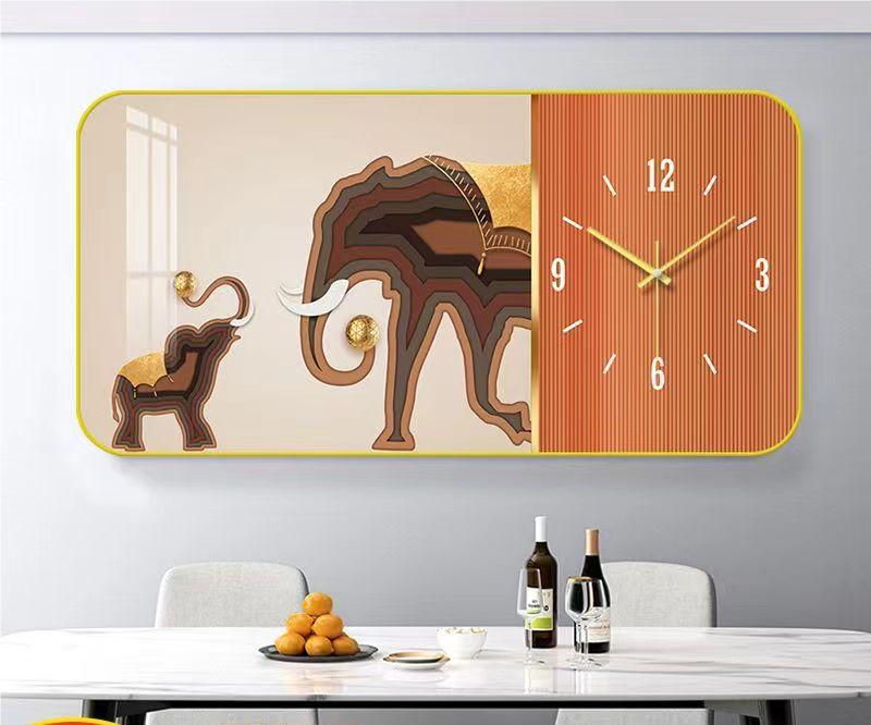 Tranh đồng hồ tráng gương voi con bo viền tranh tặng kèm pin và đinh treo