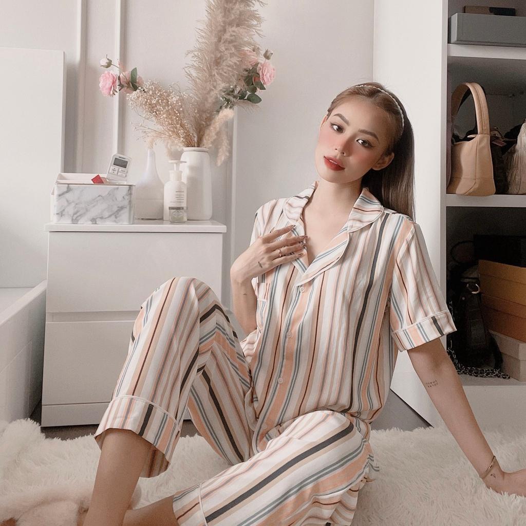 Bộ Lụa Dài Tay Ngắn Họa Tiết Mặc Nhà