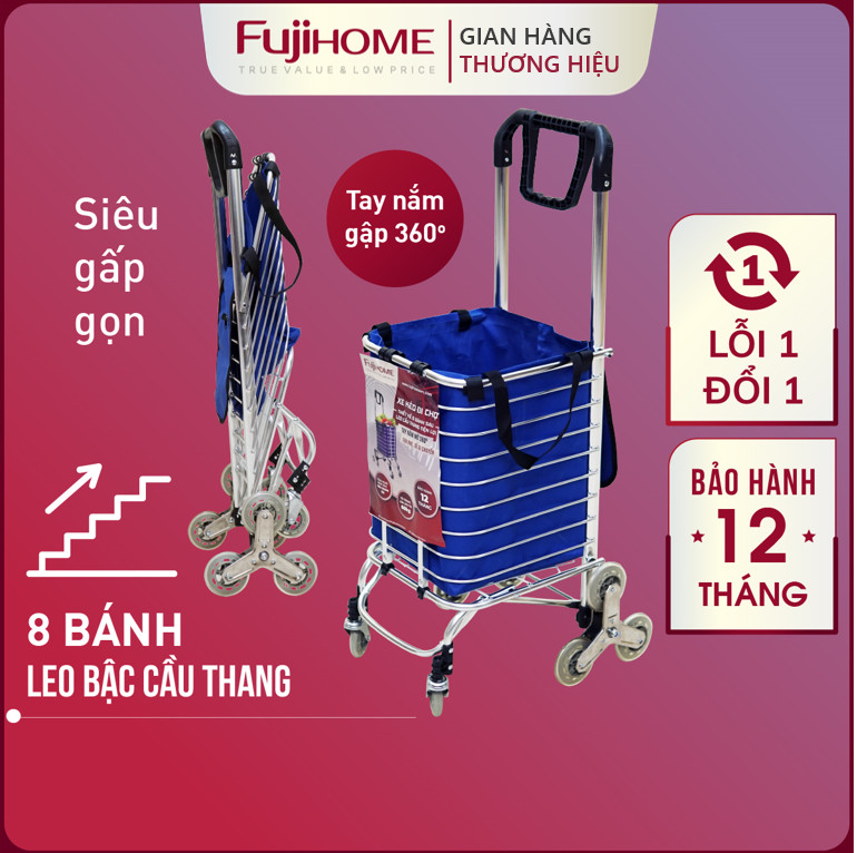 Xe Kéo Đi Chợ Leo Cầu Thang 8 Bánh Fujihome Nhật Bản 60Kg, Xe Đẩy Hàng Đi Chợ Gấp Gọn Có Giỏ Túi Đa Năng Inox Mini - 8 Bánh Leo Cầu Thang