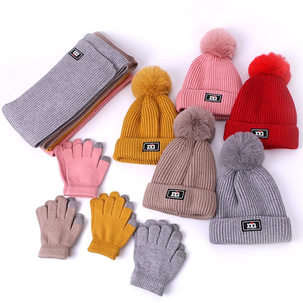 3 Mảnh Bò Mũ Khăn Găng Tay Bộ Bé Gái Trẻ Em Giả PomPon Dệt Kim Skullies Nón Trẻ Em Mùa Đông Len Nam áo Croptop Mũ Lưỡi Trai