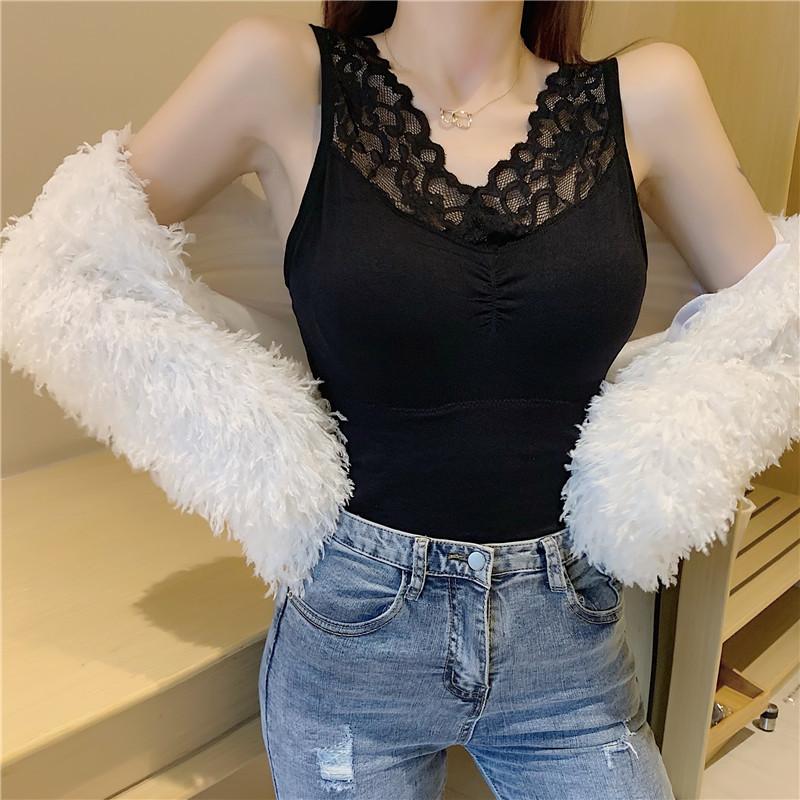 2021 Mùa Thu Và Mùa Đông Liền Mạch Ren Cổ Chữ V Đáy Sling Trang Vest Quần Lót Sinh Nhiệt Với Ngực Bên Trong Mặc Cho Nữ