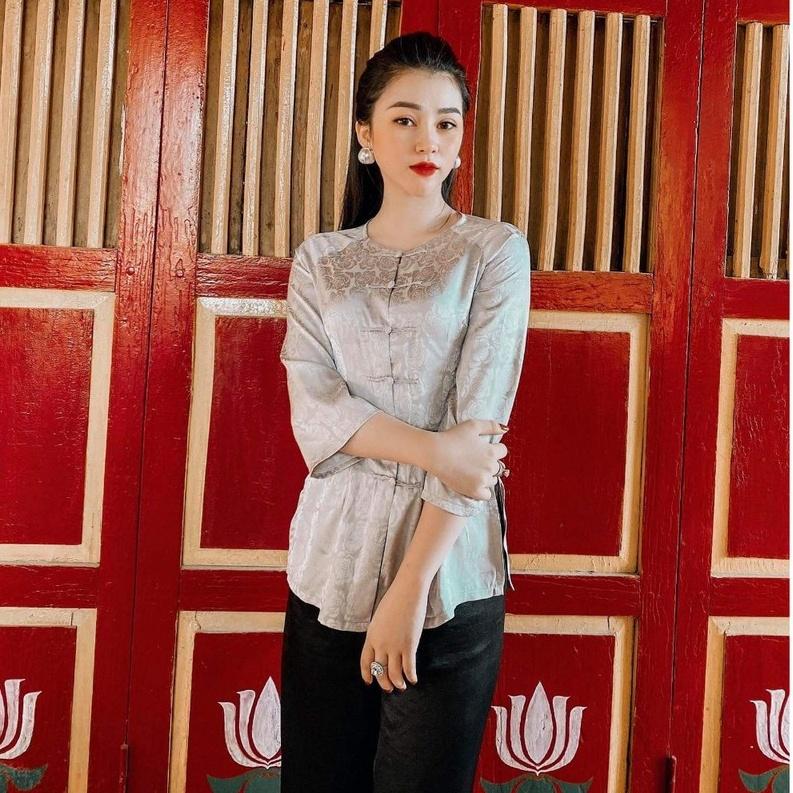 Đồ lam đi chùa nữ bộ lễ phục bà ba lụa gấm tay lỡ cao cấp đẹp thiết kế cao cấp trang nhã LAMI STORE V12