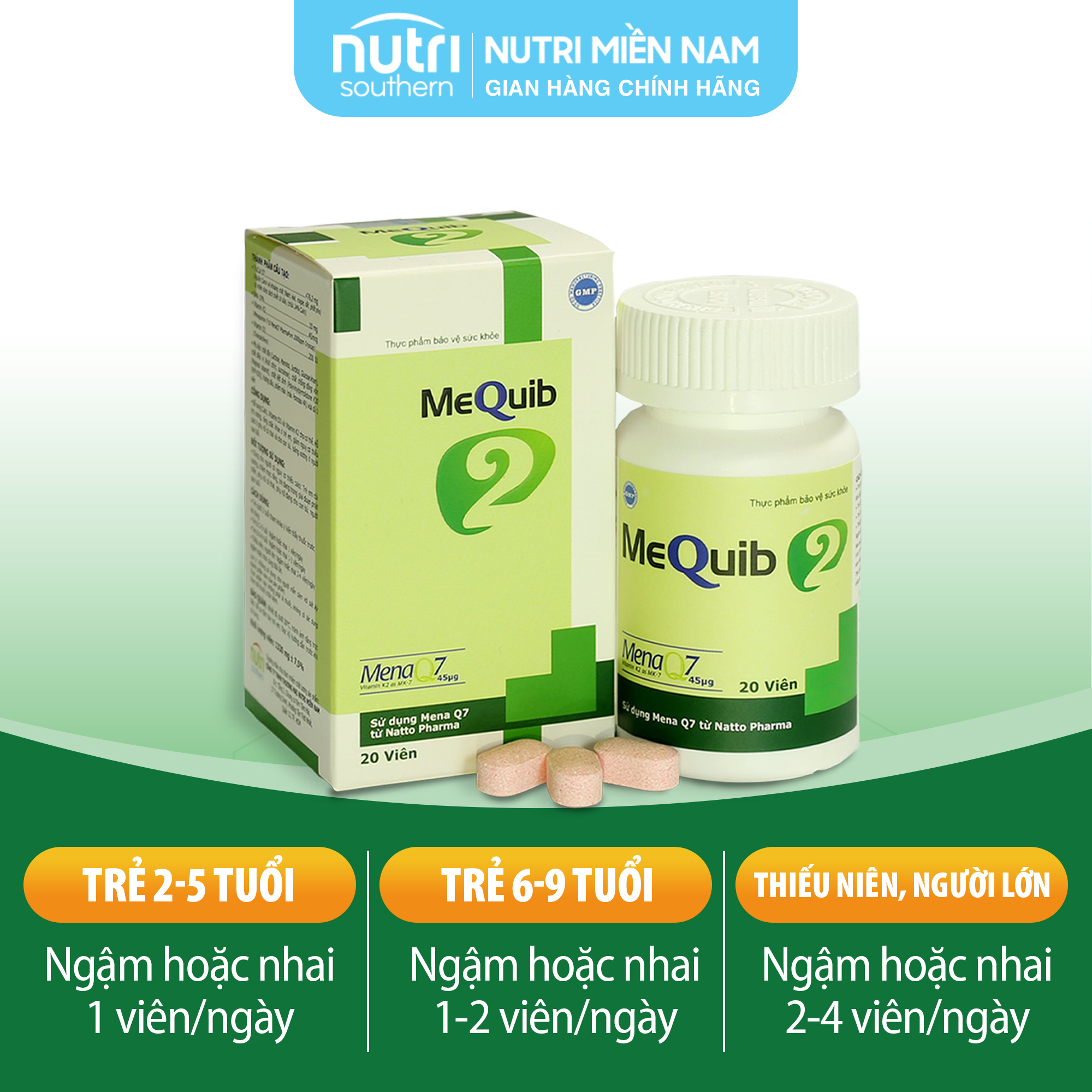 Viên ngậm Vitamin D3 K2 MK7 MenaQ7 và Canxi MEQUIB 2 - Giúp xương chắc khỏe, tăng cường phát triển chiều cao (hộp 20 viên)