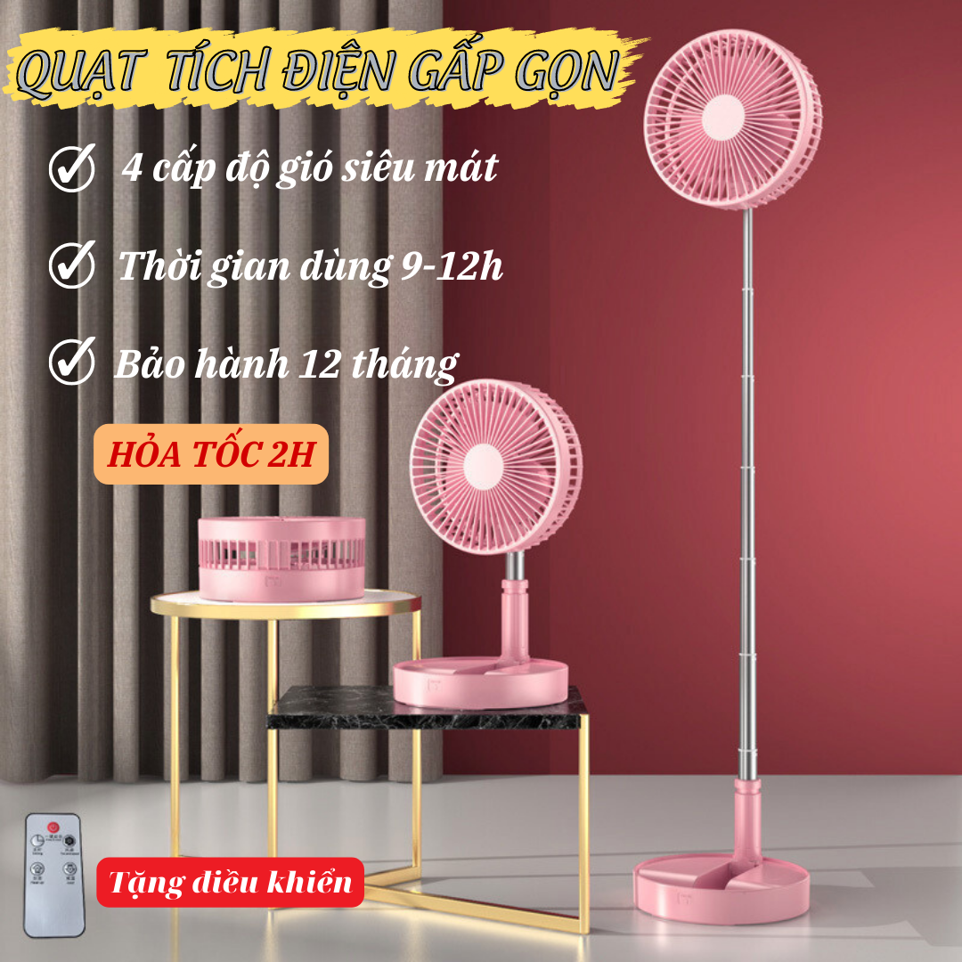 Quạt Tich Điện Sạc Pin, Quat Tich Dien Xài Hơn 8 Tiếng, Foldable Fan Pin 7200MAH Gấp Gọn Tiện Lợi Kéo Dài 1 Mét Kèm Điều Khiển Từ Xa