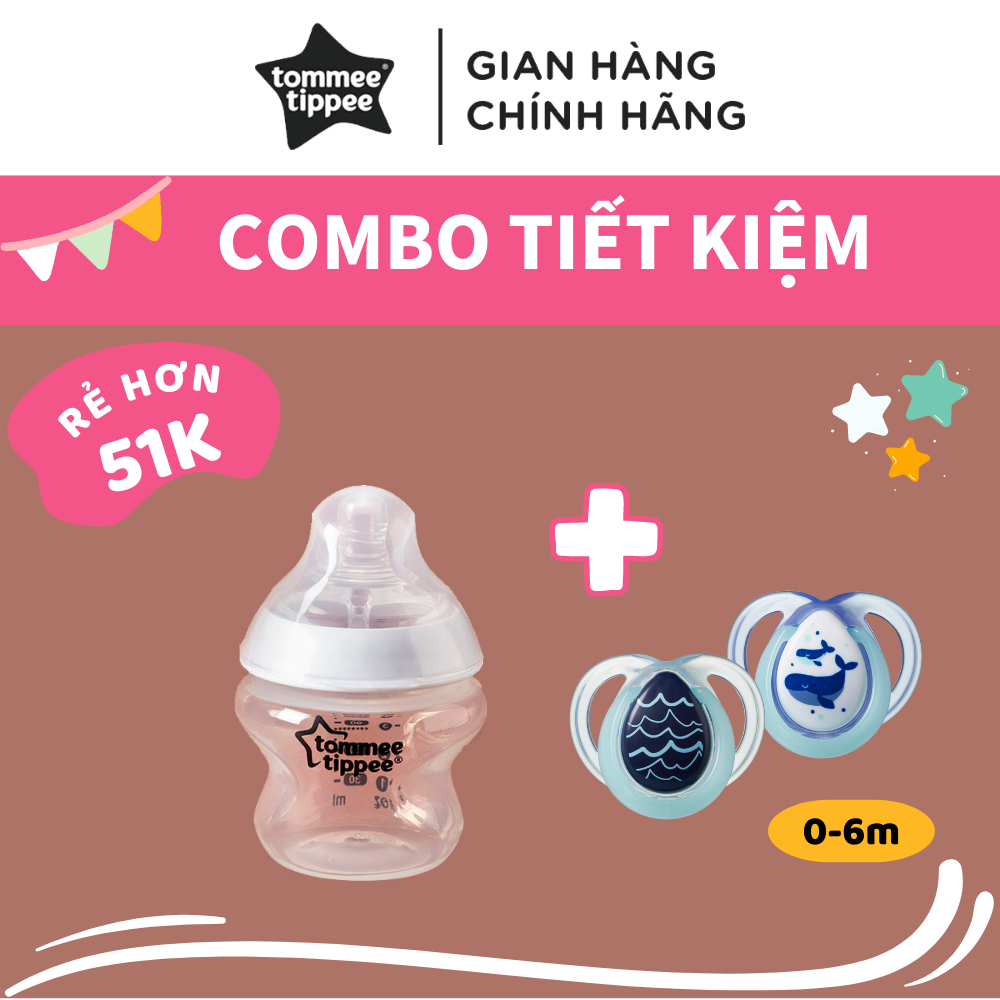 COMBO Bình sữa ty siêu mềm tự nhiên Tommee Tippee Closer to Nature 150ml &amp; Ty ngậm dạ quang cho bé Tommee Tippee Night Time 0-6 tháng (vỉ đôi) - Cá Voi