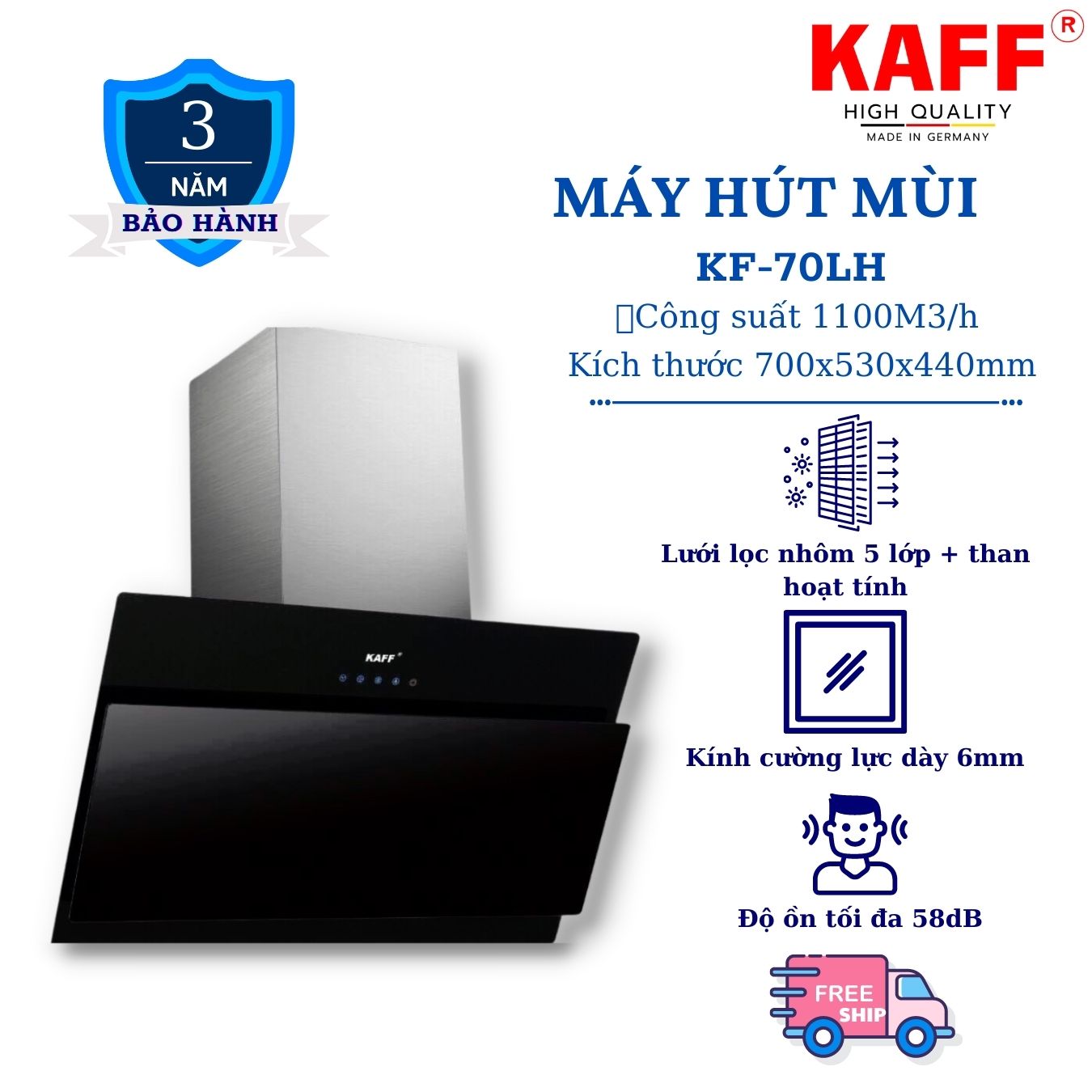 Máy hút mùi kính phẳng dạng TV_cảm ứng 700mm KAFF KF_70LH Tặng bộ lọc than thay thế KAFF _ Hàng Chính Hãng