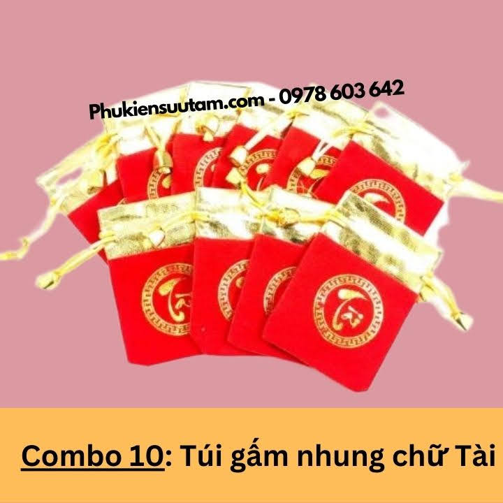 Combo 10 Túi Gấm Nhung Chữ Tài, kích thước: 9cmx7cm, màu đỏ - SP005955