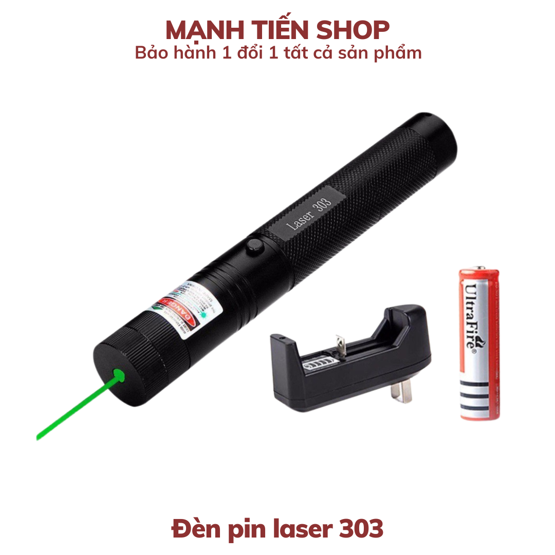 Đèn pin laser 303 siêu sáng gồm pin, sạc và khóa - Đèn lazer 303 tia Xanh lá - Hàng chính hãng
