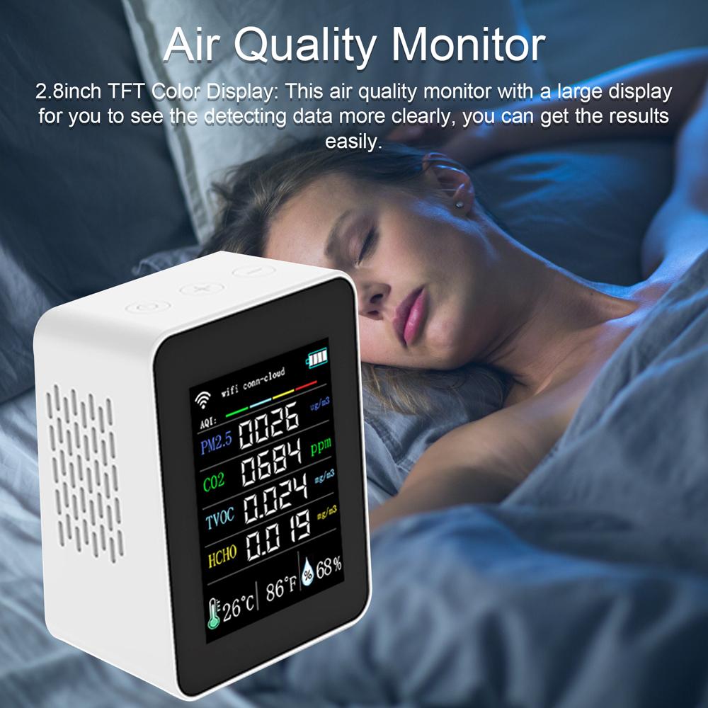 Tuya Wifi Portable Air Quality Meter 7in1 PM2.5 CO2 TVOC HCHO AQI Temperature Humidity Tester 2.8inch TFT Color Display Carbon Dioxide Detector Support Cellphone APP Control with Calendar Function