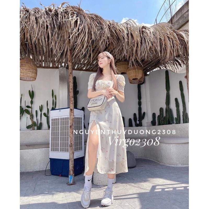 Váy hoa nhúm ngực xẻ tà tay bồng/Đầm hoa Wedding dress