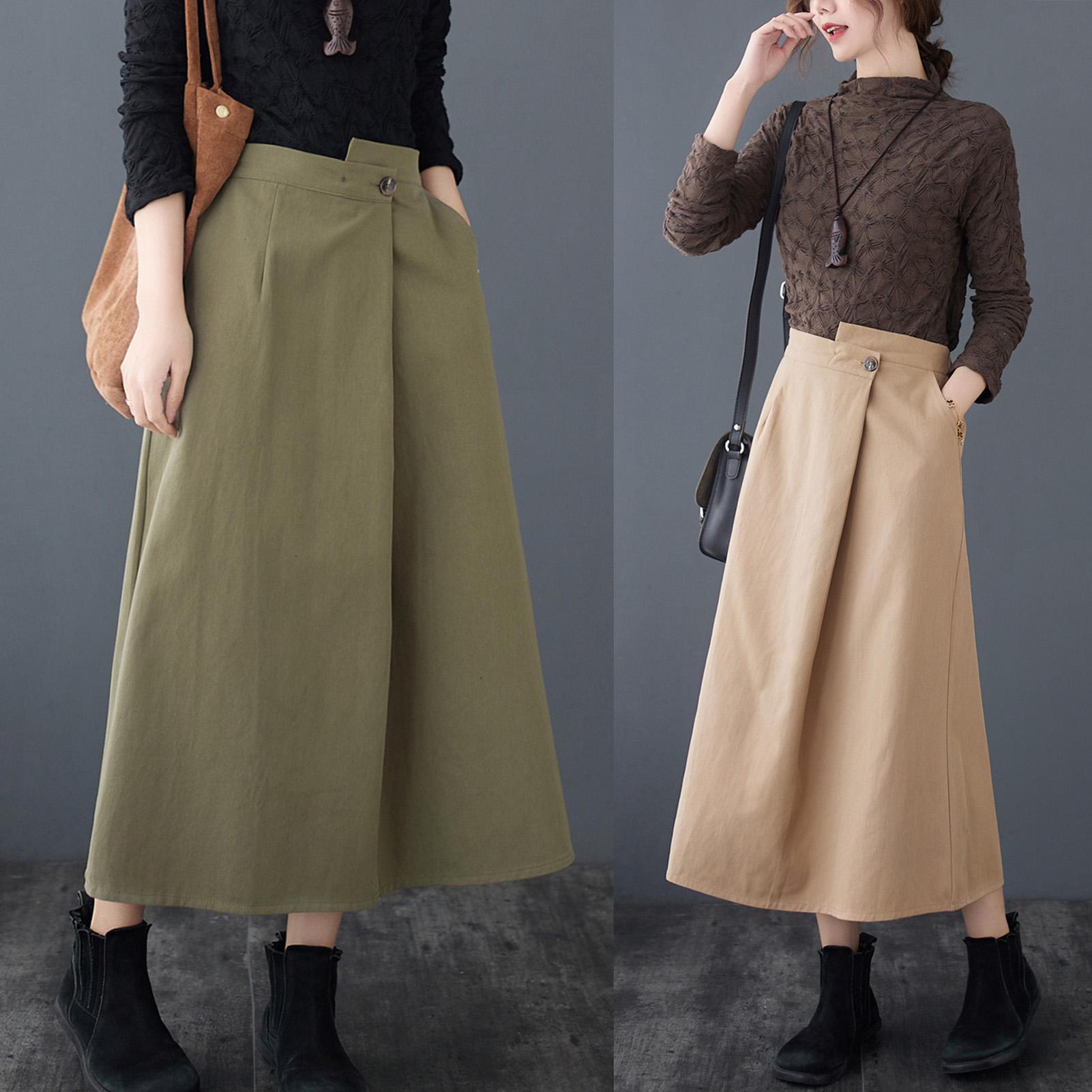 Women Vintage Skirt Irregular High Elastic Waist Pockets Plus Size Casual Loose A Line Skirt
