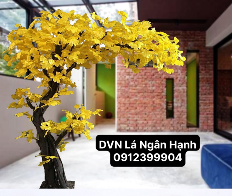 Bó 12 cành Lá ngân hạnh decor lá giả, lá vàng trang trí cành cây giả cao cấp