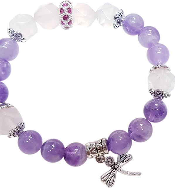 Vòng Tay Mệnh Hỏa, Thổ Đá Thạch Anh Tím, Hồng, Charm Chuồn Chuồn Laliz CM.02