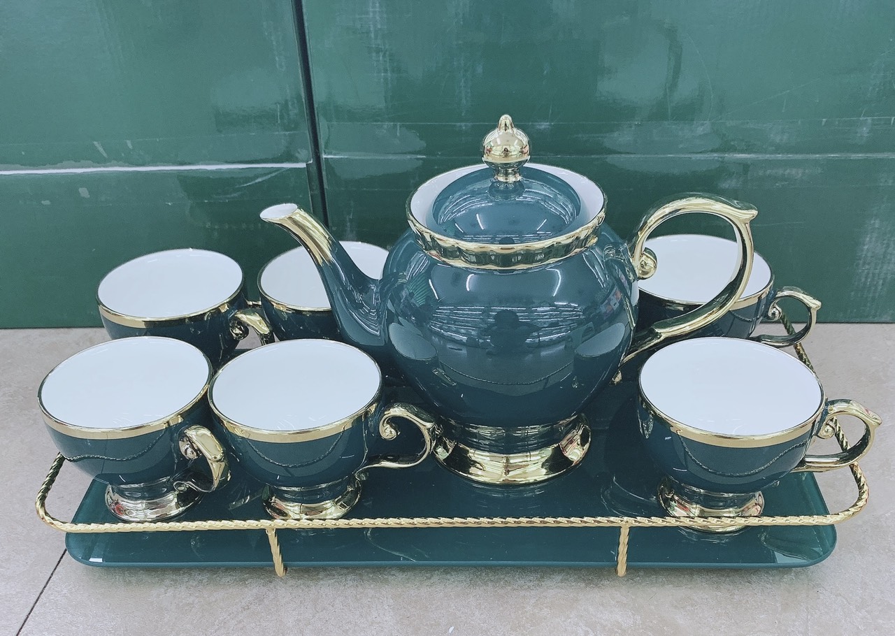 BỘ ẤM CHÉN  PHA TRÀ SỨ TEA SET KÈM KHAY MÀU XANH CỔ VỊT KHUNG KIM LOẠI MẠ VÀNG PHONG CÁCH ÂU SANG TRỌNG - ANTH434