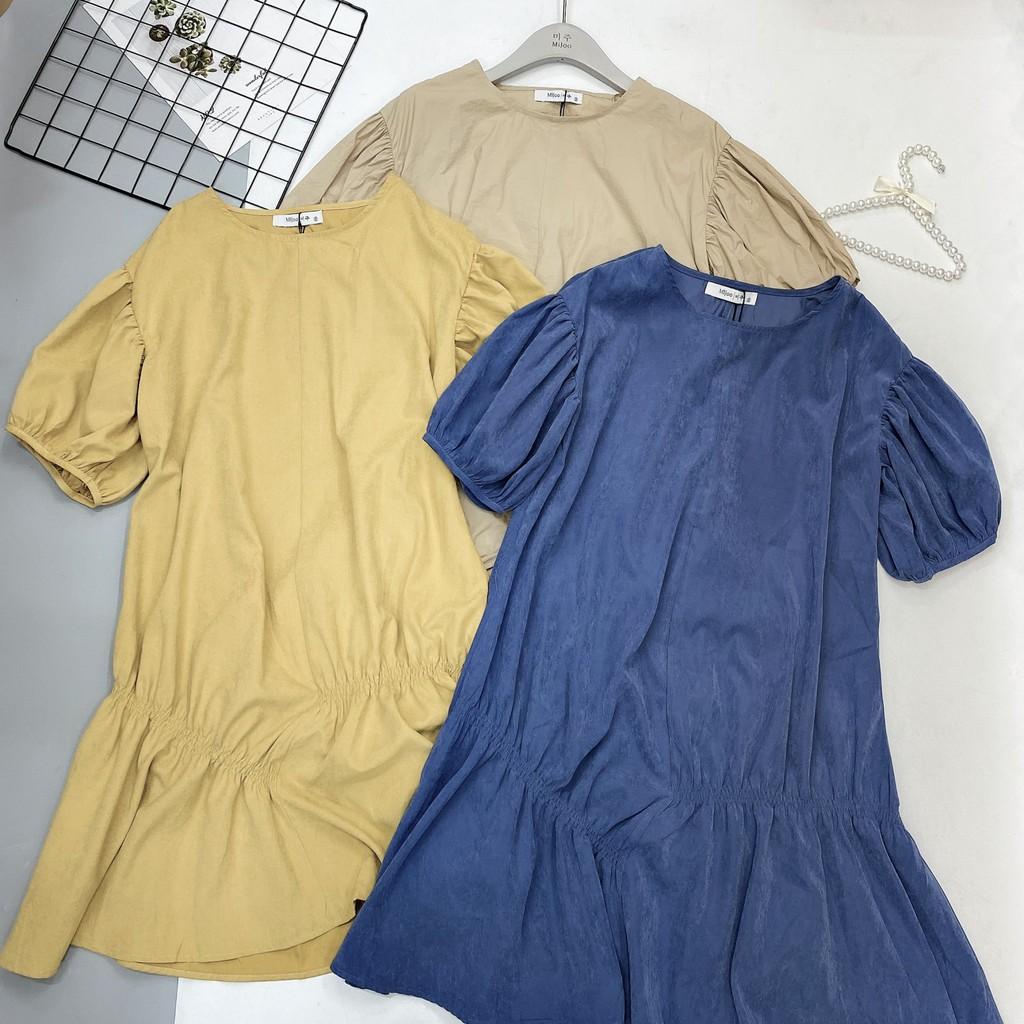 Vaý suông kiểu dúm đuôi cá, đầm xuông rộng freesize tay bo phồng 2 màu be, nâu mã V192 - Michi's House