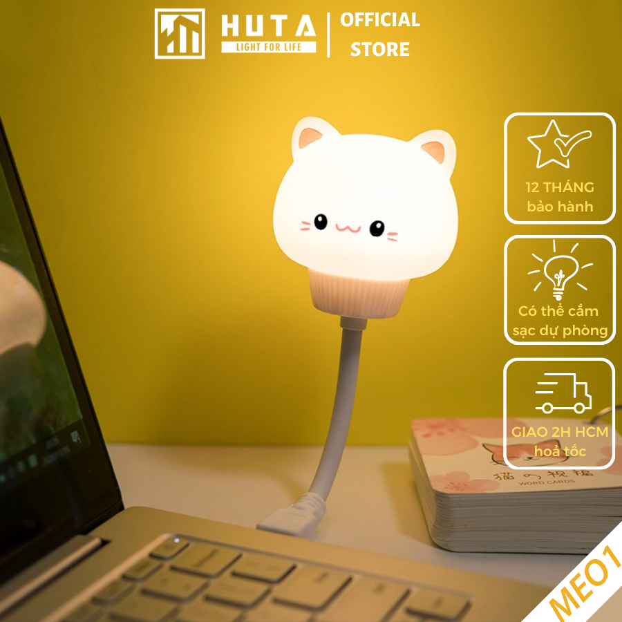 Đèn Ngủ Mèo Mini HUTA Cute Dễ Thương, Đầu Cắm USB, Uốn Dẻo Tiện Lợi, Hình Thú Dễ Thương Ánh Sáng Vàng, An Toàn Cho Bé