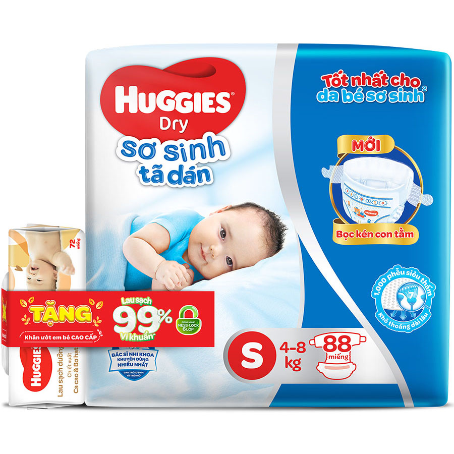 Tã Dán Sơ Sinh Huggies S88 (88 Miếng) - Tặng Gói Khăn Ướt Huggies 72 Miếng