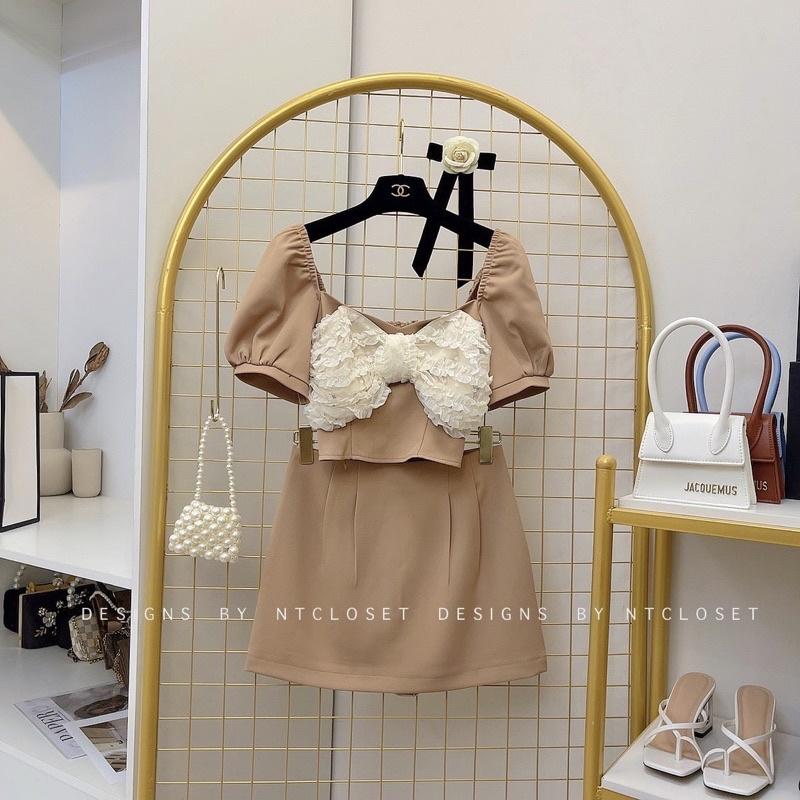Set áo nơ hoa nổi mix chân váy A nt closet