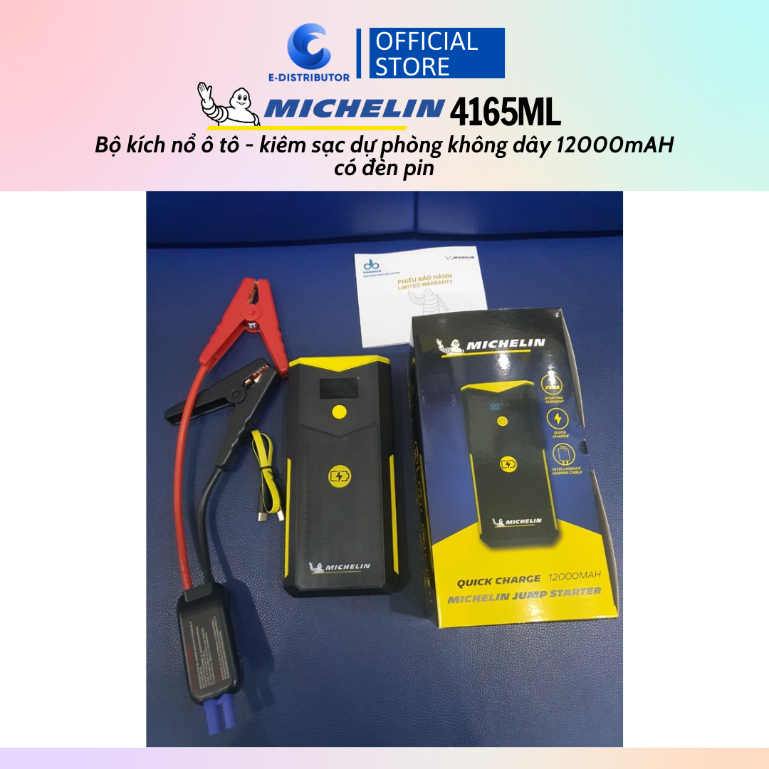 Bộ kích bình ô tô 750A - 1500A chuyên dụng kiêm sạc dự phòng 12000 mAh có đèn pin Michelin 4165ML - Hàng chính hãng