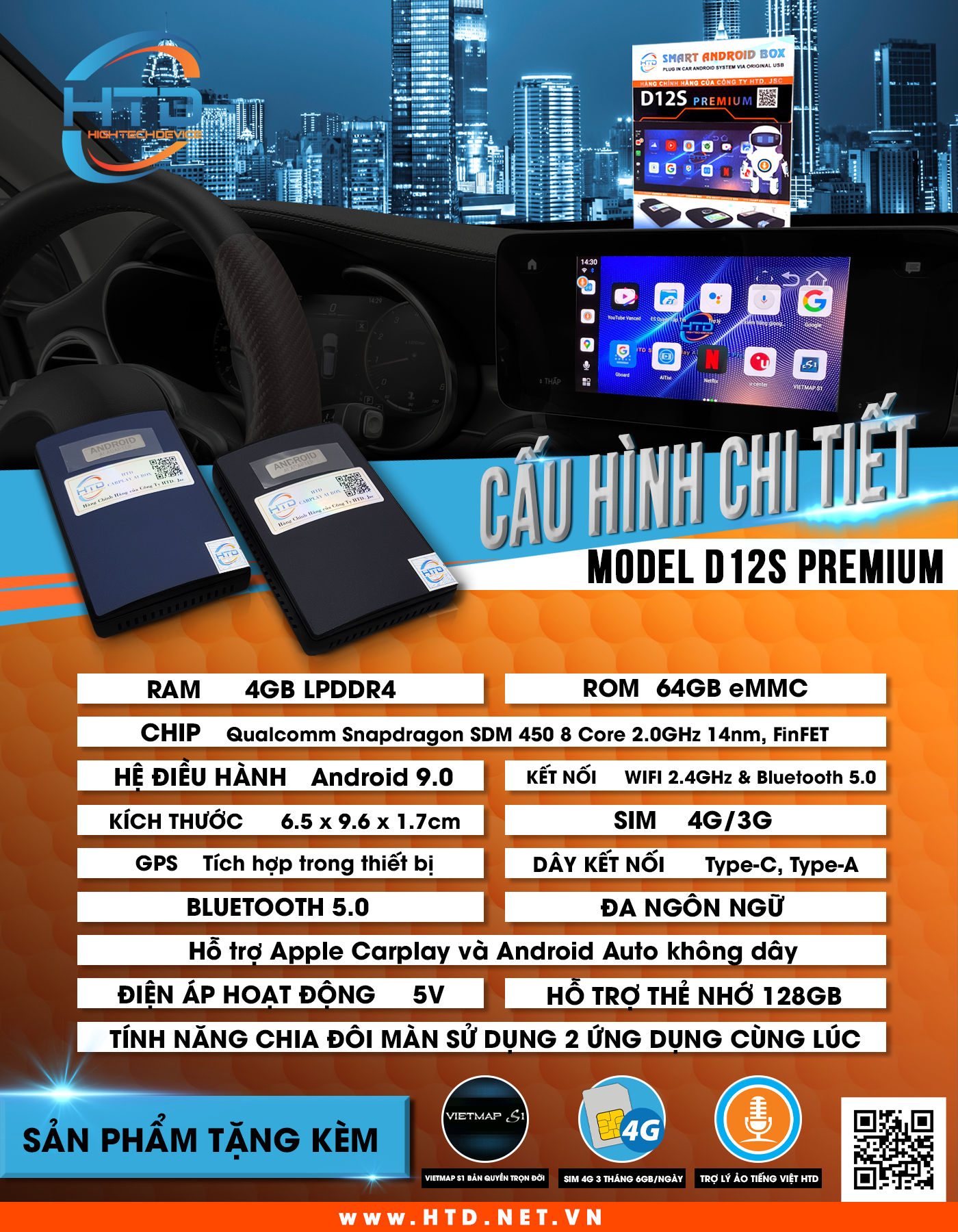 HTD Smart Carplay AI Box D12S Premium – CPU Snapdragon 8 Core Chính hãng