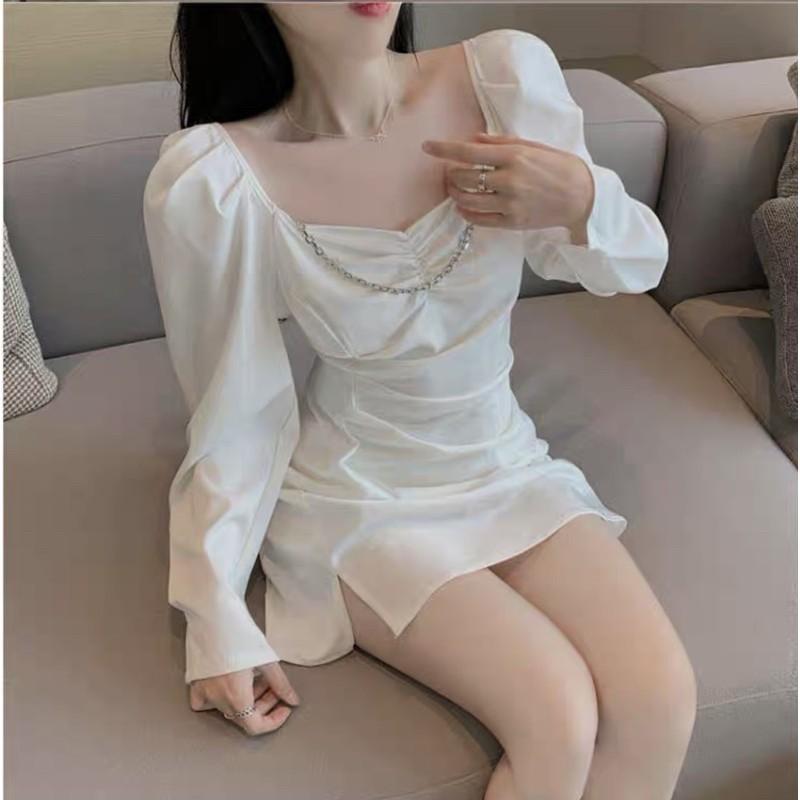 Đầm dáng chữ A nhún eo tay dài phối xích tháo rời