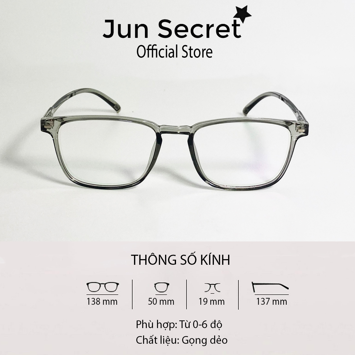 Gọng kính giả cận thời trang Jun Secret chất liệu nhựa dẻo, tròng kính 0 độ chống tia UV dành cho cả nam và nữ JS20A13