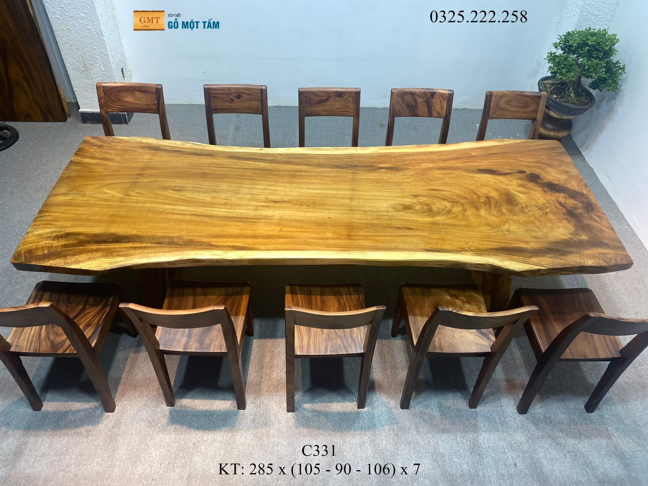 Bàn Sân Vườn Gỗ Me Tây, Bàn Ăn Gỗ Me Tây, Bàn Gỗ Me Tây Nguyên Tấm Dài 2,85m Rộng 1,06m Dày 7cm