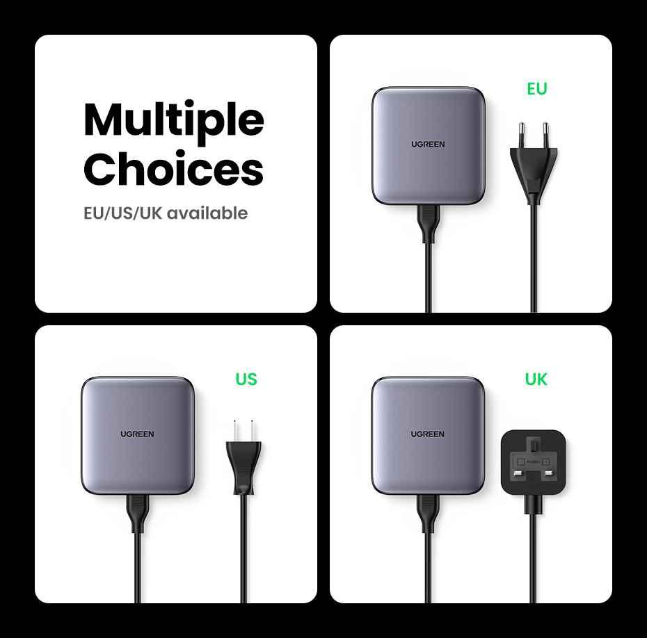 Ugreen UG90928CD328TK 100W Màu Đen Bộ sạc nhanh Nexode chip GaN gồm 2 cổng USB-C + 2 cổng USB-A kèm dây cápnguồn dài 2M chuẩn cắm EU - HÀNG CHÍNH HÃNG