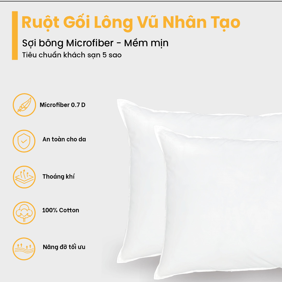 Gối khách sạn 5 sao - Gối bông Microfiber siêu mềm - Gối lông vũ nhân tạo cao cấp - Kích thước 60 x 80 cm - Gối chống mỏi cổ mỏi vai gáy